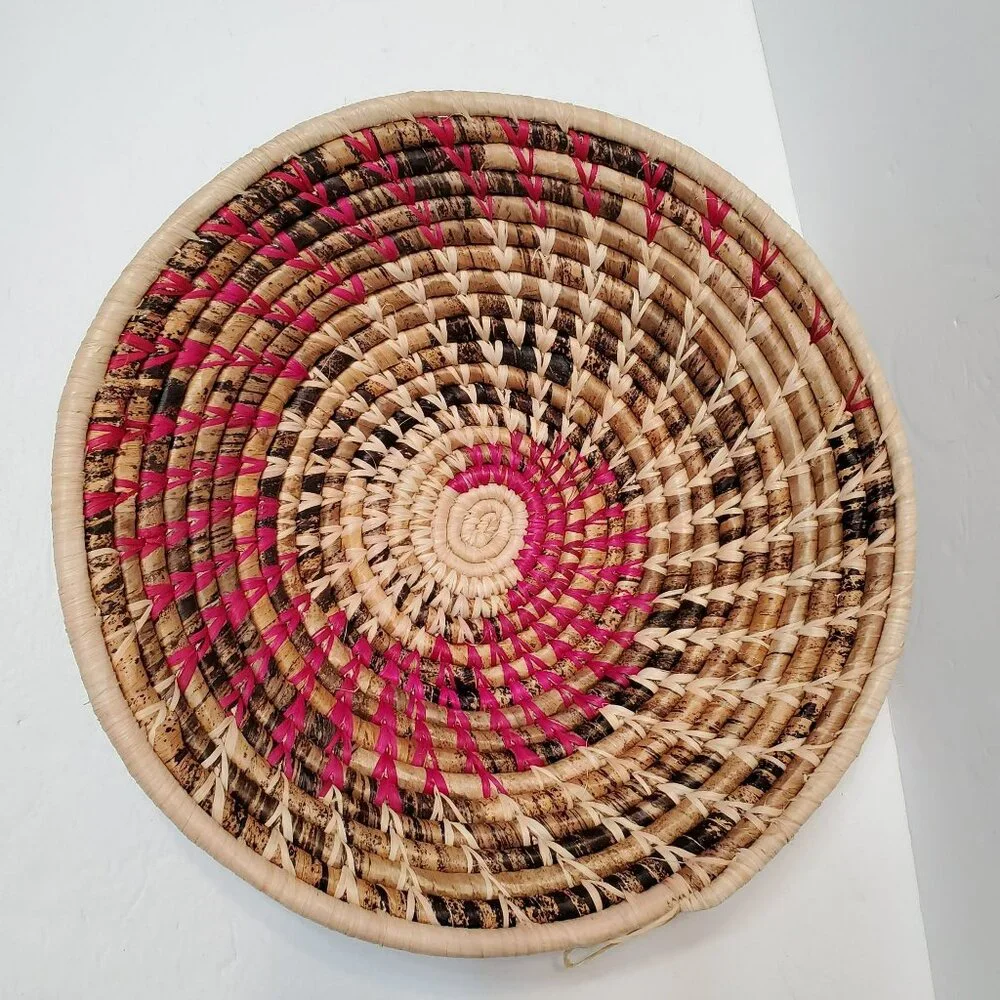 Handwoven Natural Straw Basket with Magenta & Black Accents, 13